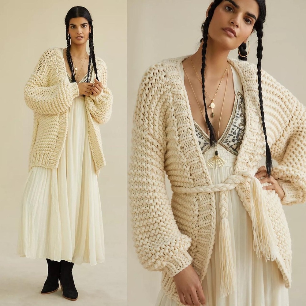 Anthropologie NWT Cozy Cardigan Chunky Knit Braided Belt Tasseled IvorySOLD